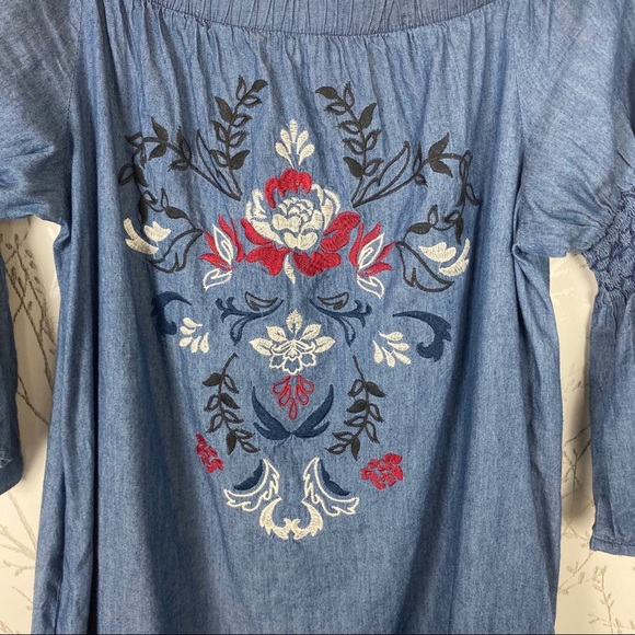 BLUE RAIN Blue Embroidered BOHO Off-Shoulder Mini Dress w/ Pockets Medium - Picture 10 of 10